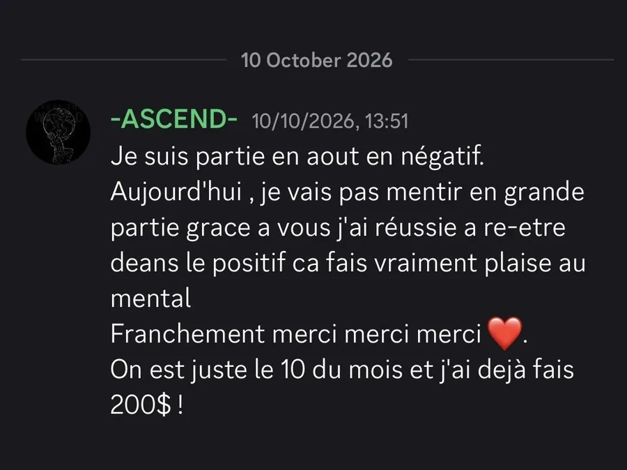 Message Discord de l’élève -ASCEND- : partie en négatif en août, de retour dans le positif, déjà 200 $ le 10 du mois