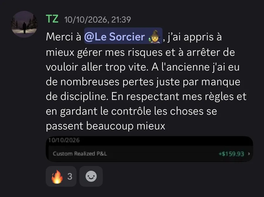 Message Discord de l’élève TZ : a appris à gérer ses risques, +159,93 $ réalisés