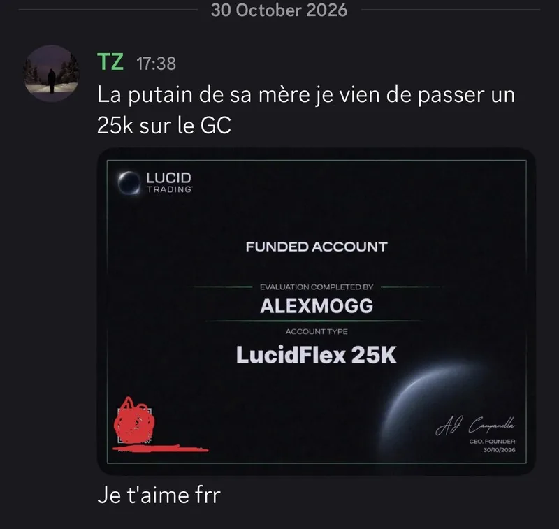 Message Discord de l’élève TZ : évaluation LucidFlex 25K validée