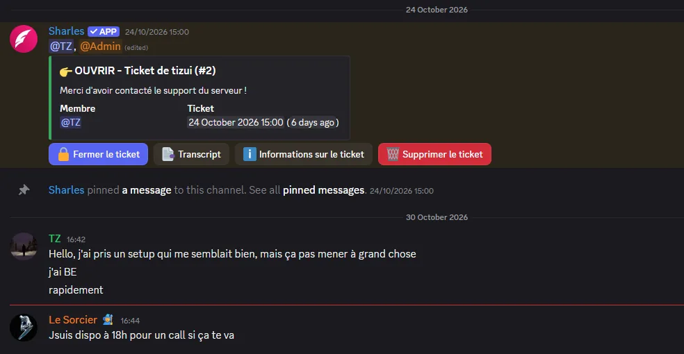 Salon privé Discord : un élève pose une question sur un setup, le coach propose un appel à 18 h